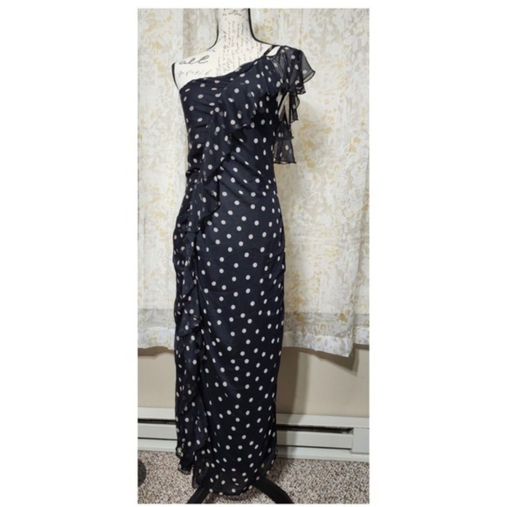 Zara Polka Dot One Shoulder Ruffle Maxi Dress Black White XS